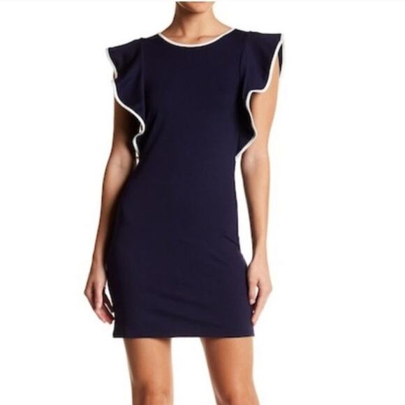 ASOS Paper Doll Navy Ruffle Sleeve Bodycon Stretch Dress S - Picture 1 of 5